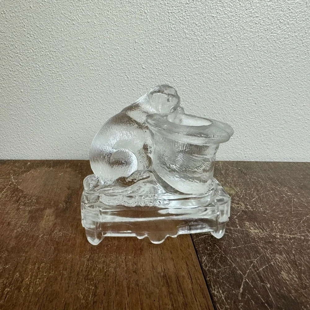 Clear Glass Dog with Top Hat Figurine Toothpick Holder Desk‎ Accessory
